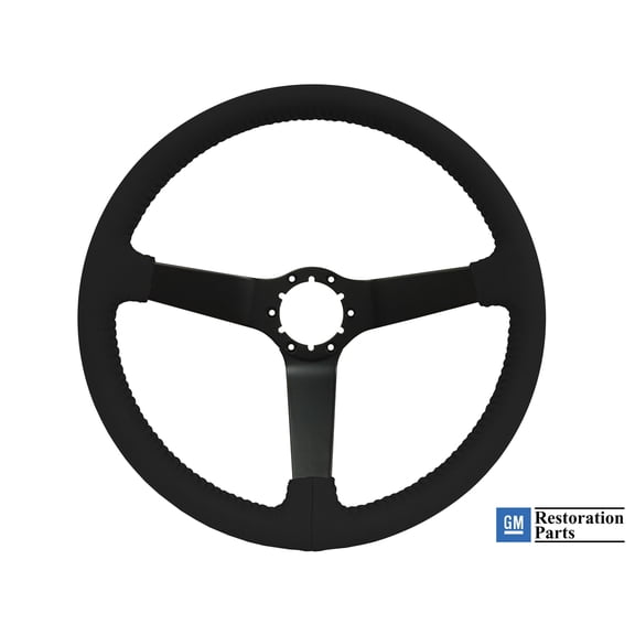 VSW 14 inch Black Leather Steering Wheel; 6 Bolt Black Powder Coated Spoke, 3 inch Dish, GM Licensed, ST3029BLK
