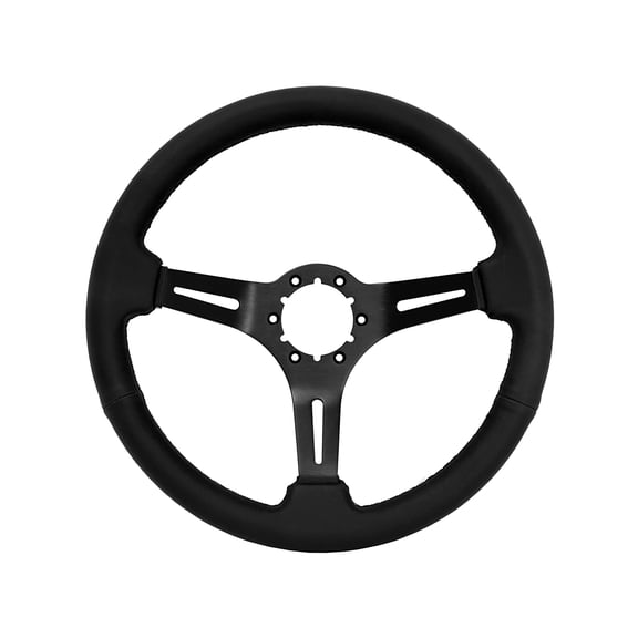 VSW 14 inch Black Leather Steering Wheel, 6-Bolt Black Spoke, 2.5 inch Dish ST3060BLK