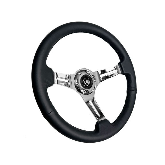 VSW 14 inch Black Leather Steering Wheel, 6-Bolt Chrome Spoke, 2.5 inch Dish, ST3012BLK