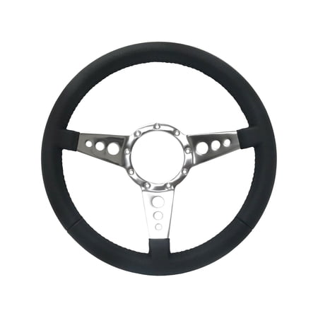 VSW 14 inch Black Leather Steering Wheel, 9-Bolt Billet Aluminum 3 Spoke, 2 inch Dish, ST3056