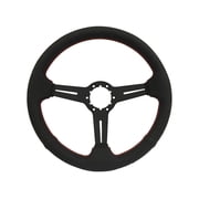 VSW 14 inch Black Leather Steering Wheel, Red Stitching, 6-Bolt Black Spoke, 2.5 inch Dish ST3586BLK-RED