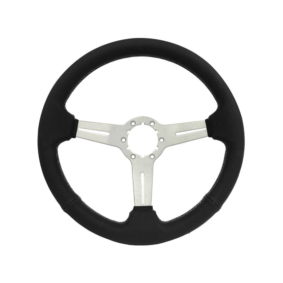 VSW 14 inch Black Leather Steering Wheel, Red Stitching, 6-Bolt Brushed Aluminum Spoke, 2.5 inch Dish ST3587BLK-RED