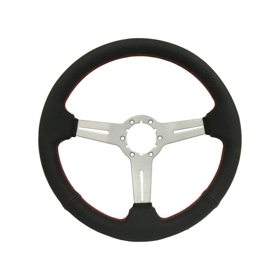 VSW 14 inch Black Leather Steering Wheel, Red Stitching, 6-Bolt Brushed Aluminum Spoke, 2.5 inch Dish ST3587BLK-RED