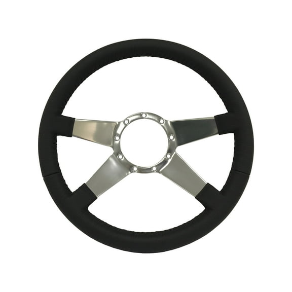 VSW 14 inch Black Leather Steering Wheels; 9-Bolt Billet Aluminum, Solid 4-Spoke Design, 2 inch dish ST3088