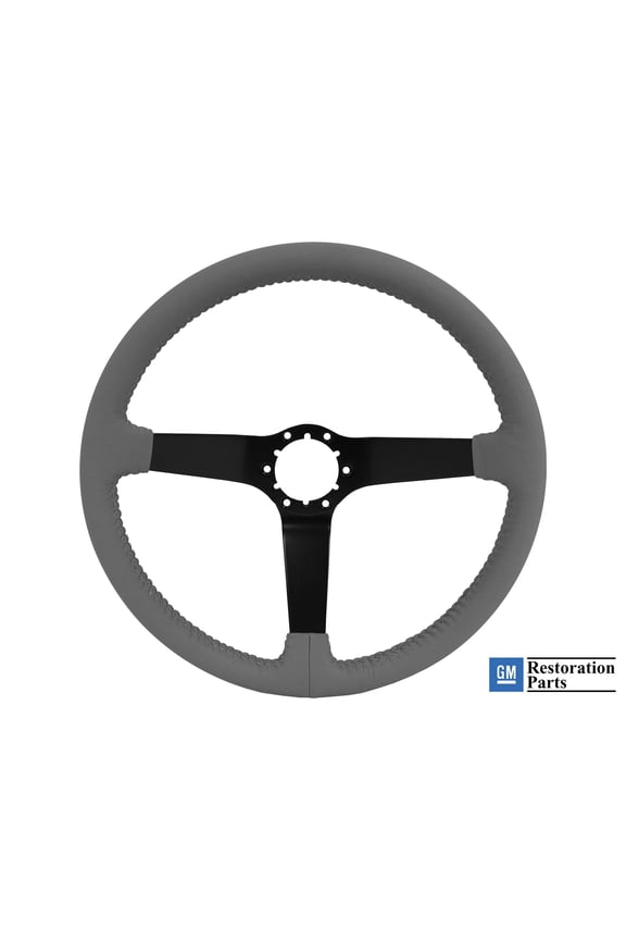 14 inch Gray Leather Steering Wheel; 6 Bolt Black Powder Coated Spoke, 3 inch Dish, GM Licensed, ST3029BLK