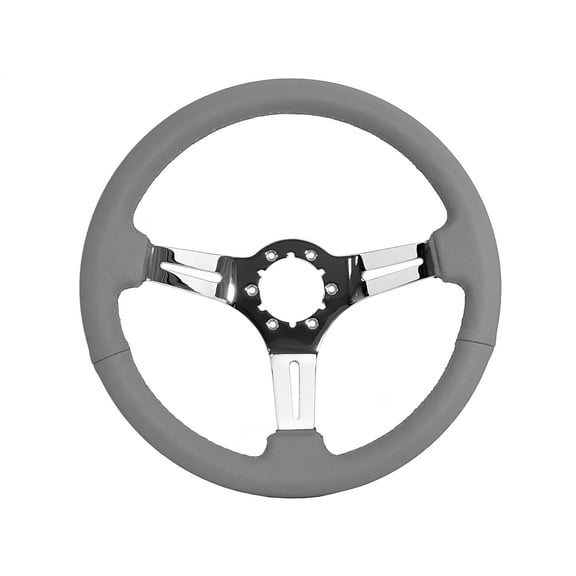VSW 14 inch Gray Leather Steering Wheel, 6-Bolt Chrome Spoke, 2.5 inch Dish, ST3012GRY