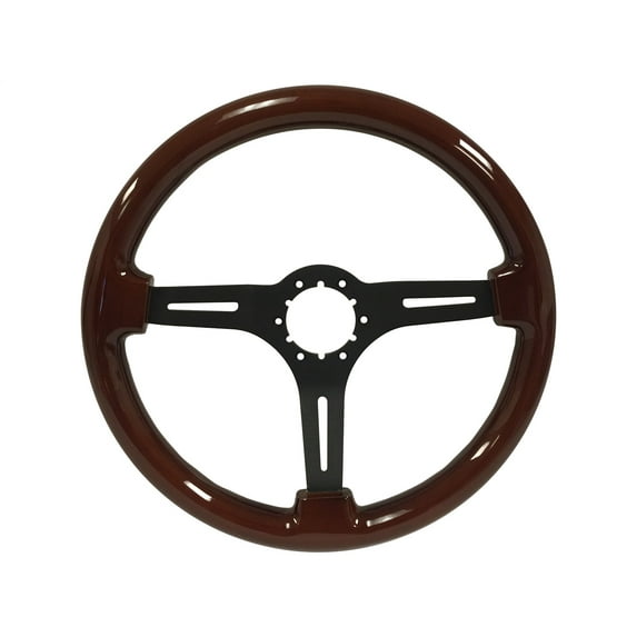 VSW 14 inch Mahogany Finished Wood Steering Wheel, 6-Bolt Black Aluminum Spoke, 2.5 inch Dish, ST3027