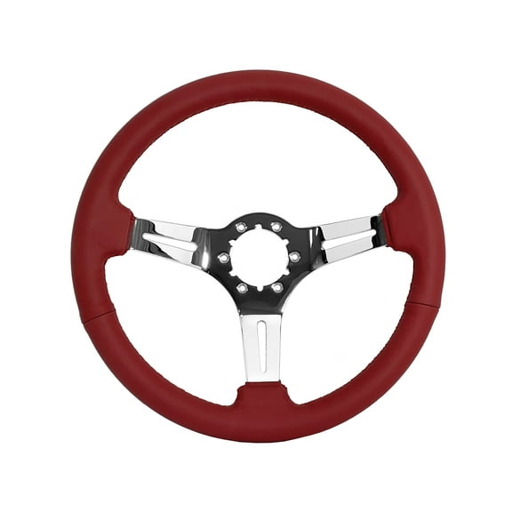 VSW 14 inch Red Leather Steering Wheel, 6-Bolt Chrome Spoke, 2.5 inch Dish, ST3012RED