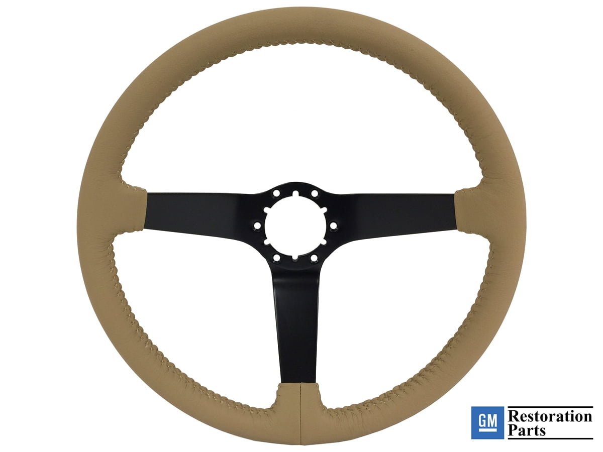 VSW 14 inch Tan Leather Steering Wheel; 6 Bolt Black Powder Coated Spoke, 3 inch Dish, GM