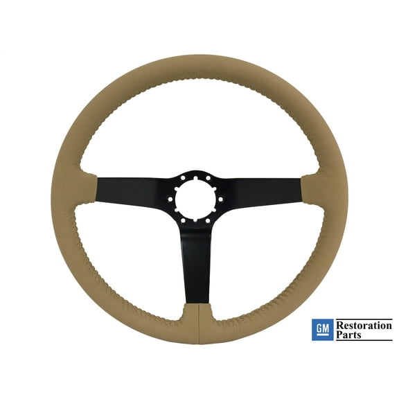 VSW 14 inch Tan Leather Steering Wheel; 6 Bolt Black Powder Coated Spoke, 3 inch Dish, GM Licensed, ST3029TAN