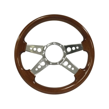VSW 14 inch Walnut Finished Wood Steering Wheel, 9-Bolt Billet Aluminum 4-Spoke Holes, 2 inch dish, ST3082