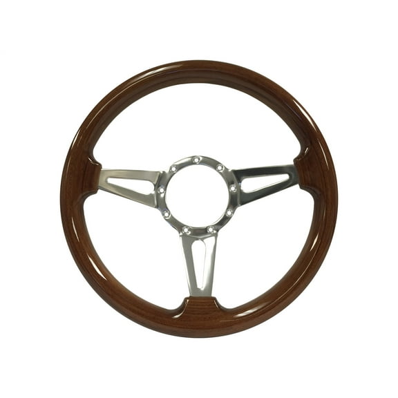 VSW 14 inch Walnut Finished Wood Steering Wheel, 9-Bolt Billet Aluminum Slotted 3 Spoke, 2 inch Dish, ST3078