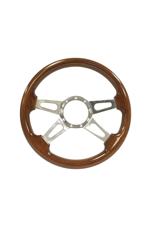 14 inch Walnut Steering Wheel, 9 Bolt Slotted 4 Spoke, 2 inch Dish