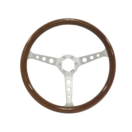 VSW 15 inch Steering Wheel; Walnut Wood, Brushed Aluminum Spoke with Hole Design ST3578