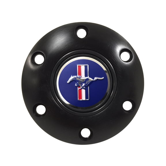 VSW 6-Bolt Black Horn Button with Mustang Blue Running Pony Emblem STE1053BLK