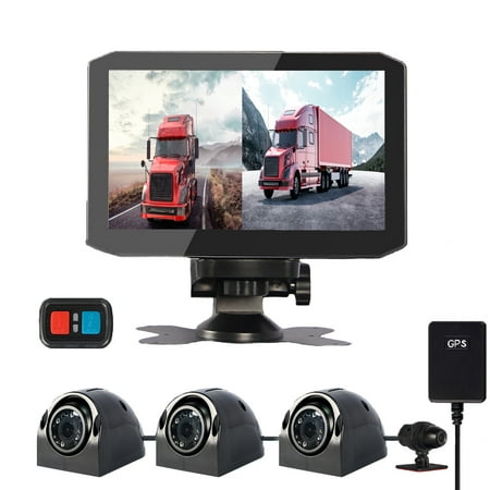 VSYSTO 4CH HD 1080P Backup Cameras, Dash Cam for Semi Trailer Truck Van Tractor RV, 7.0'' Monitor 2 Split Screen GPS Front & Sides & Rear Camera DVR, Infrared Night Vision Lens, Power Voltage Display