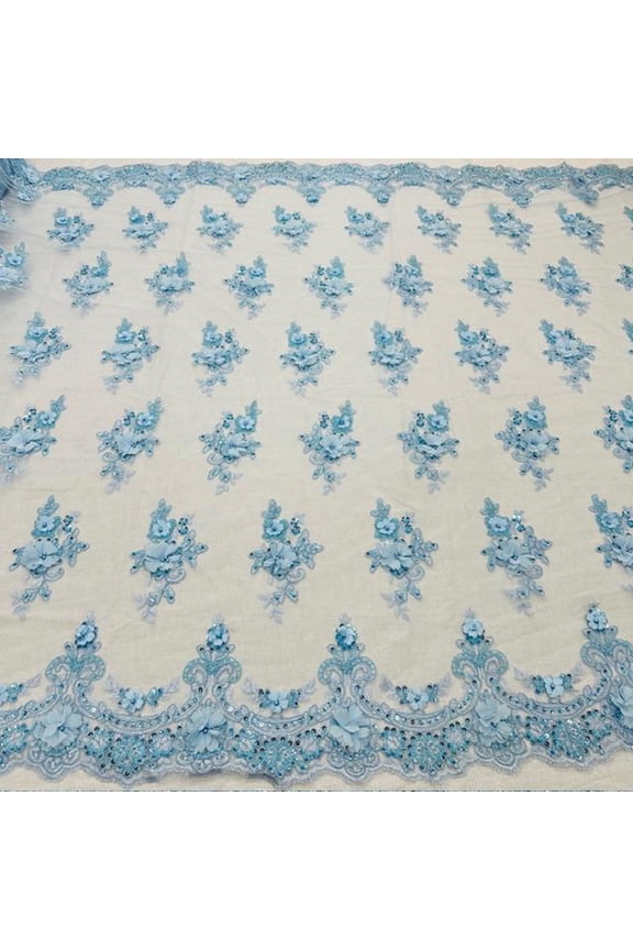 VT-30 – 3D Pearl Beaded Lace Fabric – 55 Inches Wide – by the Yard – Elegant Floral Mesh for Bridal Gowns, Dresses & Decor – Valentina Textiles Inc. (1 Yard, Baby Blue )