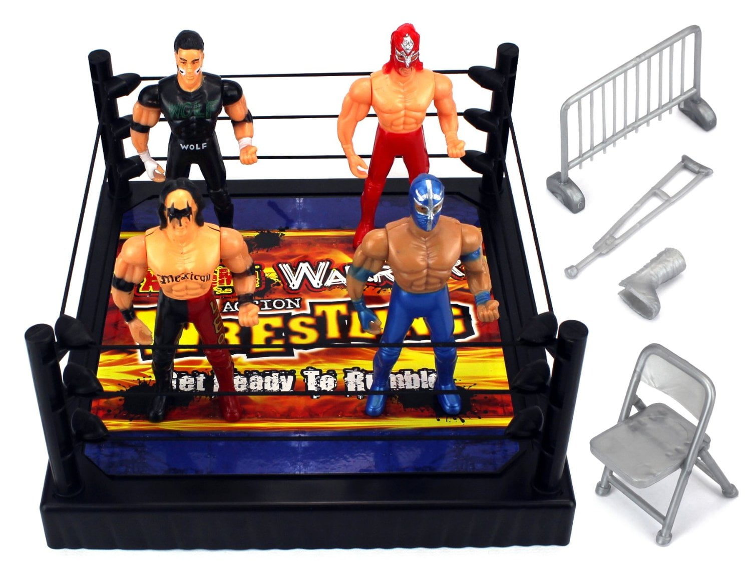 VT Action Warriors Wrestling Toy Figure Play Set w/ Ring, 4 Toy Figures