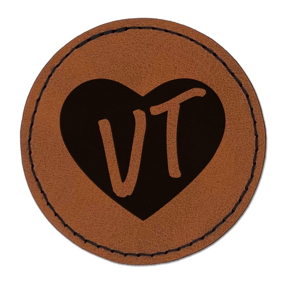 VT Vermont State in Heart 2.5" Faux Leather Round Engraved Iron-On Patch - Brown