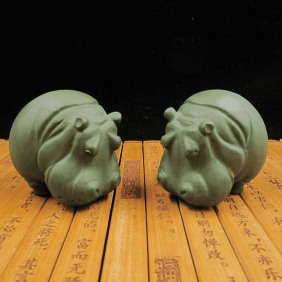VTG Chinese Asian Glazed Ceramic green hippo feng shui Statue Clay pottery African animal tea pet Purple Clay Lucky Ornaments green rhino