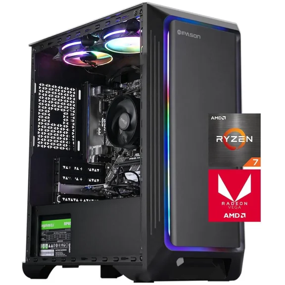 IPASON Gaming Desktop PC, AMD Ryzen 5 5600G, 16GB DDR4 3200MHz, 1TB NVMe SSD, Windows 11 Home, 550W PSU, Built-in WiFi, Performance Gaming Computer Tower