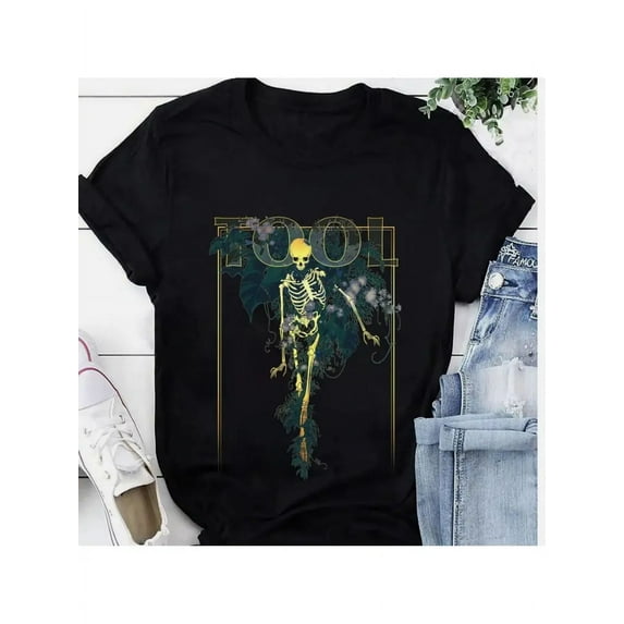 VTG Tool Band 2024 Tour T-Shirt - Black Bohemian Style Graphic Tee with Skeleton & Floral Print, 100% Cotton