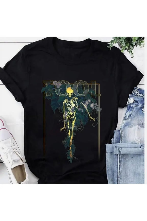 VTG Tool Band 2024 Tour T-Shirt - Black Bohemian Style Graphic Tee with Skeleton & Floral Print, 100% Cotton