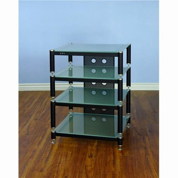 VTI Manufacturing BLG404SF 4 Silver Capspike Black Poles 4 Frosted Glass Shelves AV Stand