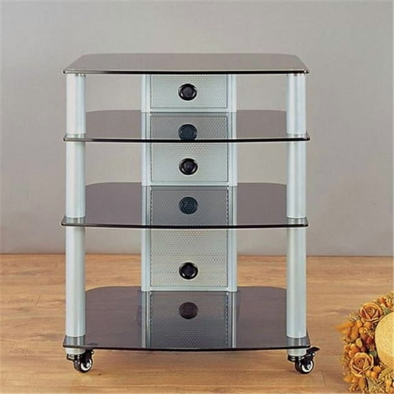 VTI Manufacturing NGR404SB Silver Poles 4 Black Glass Shelves AV Stand