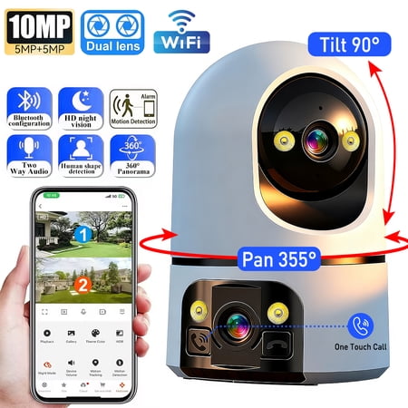 VTIN 10MP Dual Lens Home Security Camera Indoor - Color Night Vision, Auto Motion Tracking, One-Touch Call Two-Way Audio, 2.4G WiFi Pet/Baby Monitor with Cloud/SD Storage & Device Sharing