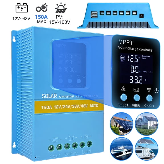 VTIN 150A MPPT Solar Charge Controller - 12V/24V/36V/48V Auto Recognition, LCD Backlight Display, Dual USB, 7 Working Modes for Lead-Acid/LiFePO4 Batteries (Max 100V PV Input)