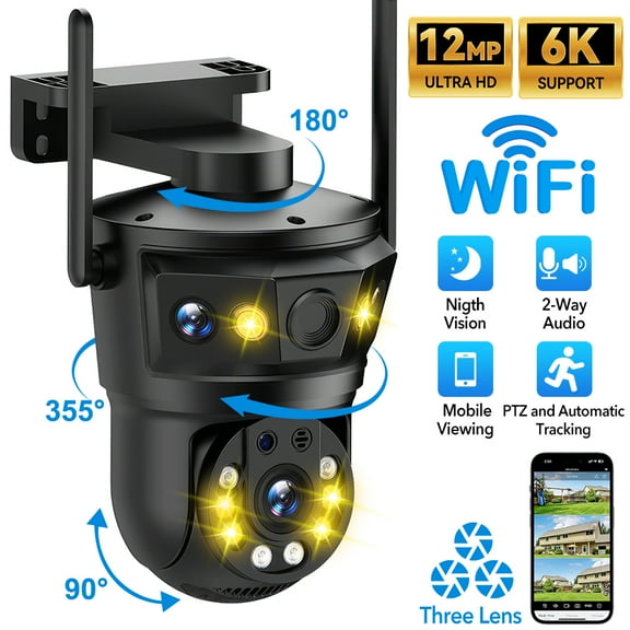 VTIN 12MP 6K Outdoor WiFi IP Camera - Three Lens 360, 16X Zoom, AI Motion Tracking PTZ, Color Night Vision, IP66 Waterproof Security Camera