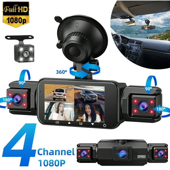 VTIN 360 Degree Dash Cam, 4 Channel 3'' Screem Vital Dash Cam, 1080P Front and Rear Inside Dash Camera for Cars IR Night Vision, Loop Recording, 24H Parking Monintor