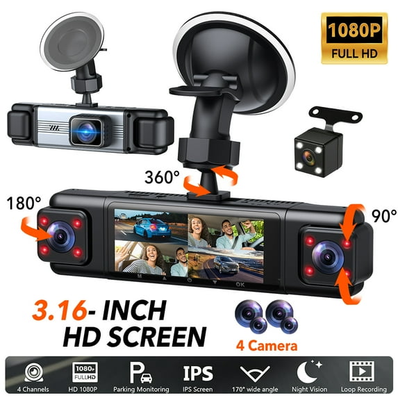VTIN 4 Channel 1080P Dash Cam - 360° All-Sides View (Front/Rear/Inside ...