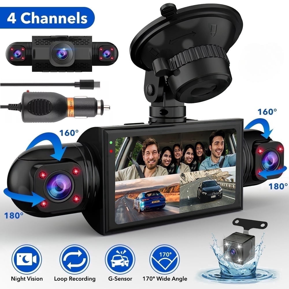VTIN Cámara de Tablero de 4 Canales, Cámara de Tablero 360° FHD 1080P Grabadora de Conducción Interior Frontal y Trasera de 4 Lentes, Cámara de Auto con Pantalla de 3 Pulgadas con Grabación en Bucle G-Senso Visión Nocturna