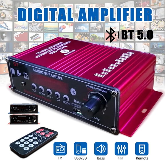 VTIN 400W Bluetooth 5.0 Digital Power Amplifier - HiFi Stereo 2-Channel, FM Radio (87.5-108MHz), Dual Mic Inputs (Karaoke), Multi-Mode (TF/USB/MP3), Remote Control & Tone Adjustment