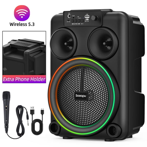 VTIN Bluetooth 5.3 Portable Karaoke Speaker - 8-inch 100W, 5-Mode RGB Skull Lights, 1 Mics, TWS Function, USB/SD/AUX/FM, 2000mAh Battery for Wedding/Beach/Home KTV