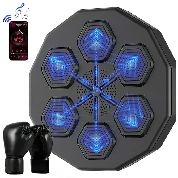 VTIN Bluetooth Music Boxing Machine - Beat Sync, Black Thickened 12oz Adult Gloves, PU Foam Pad for Home Workout & Stress Relief Training