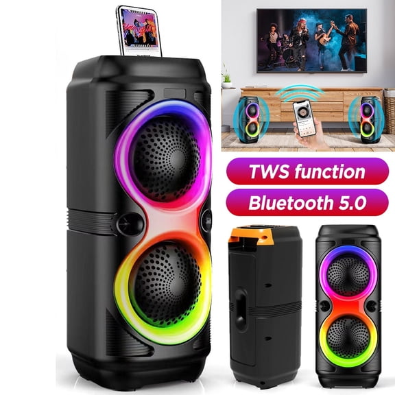 VTIN Bluetooth Party Speaker with Mic - Dual 4-inch HiFi Stereo Bass, 7 RGB Lights 3 Modes, Bluetooth 5.0, TWS Function, USB/TF/FM, Portable Handle for Karaoke/Parties