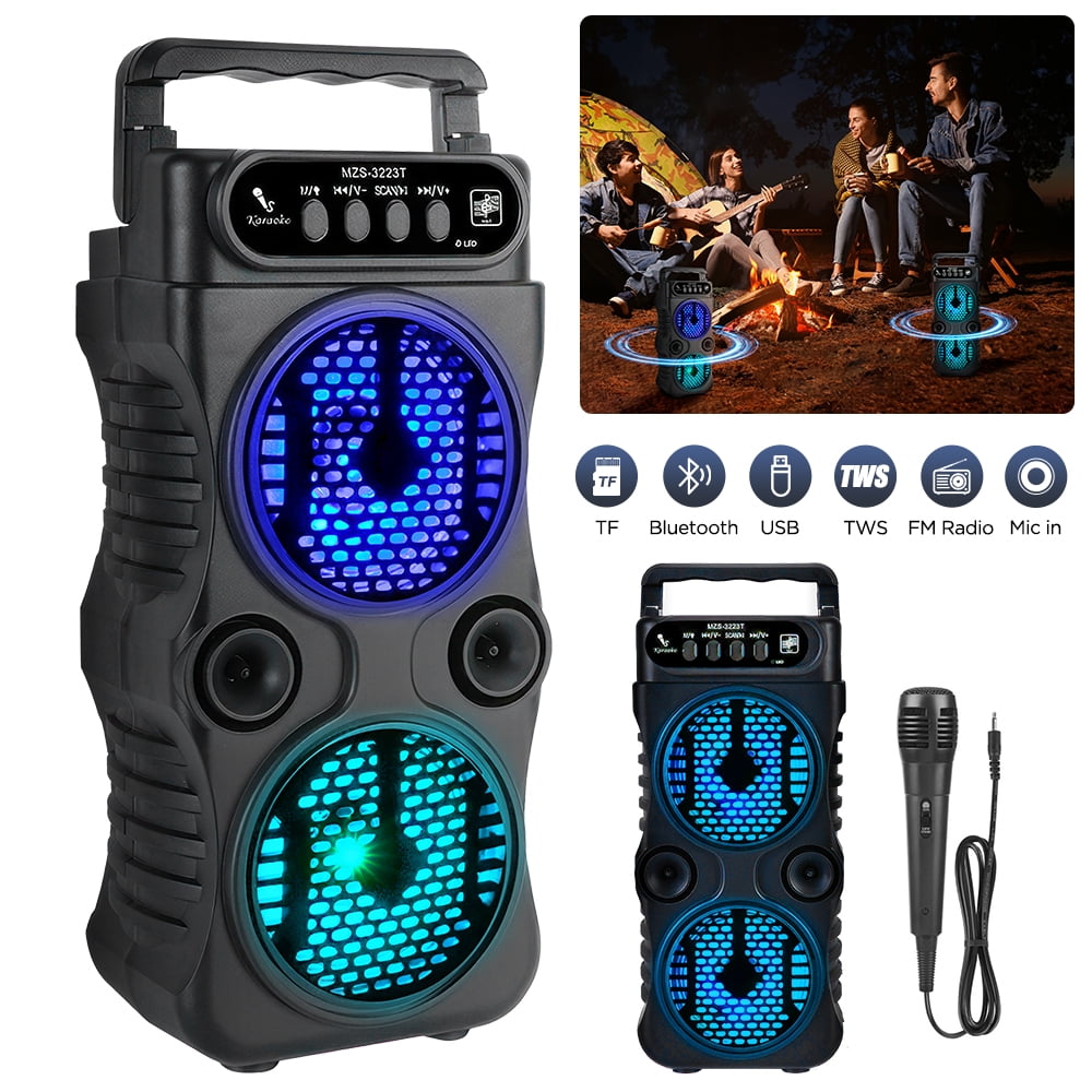 VTIN Dual 3 Inches Karaoke Bluetooth Speaker - 2x3W Bass, RGB Lights, TWS, Wired Mic Included, USB/TF/FM, Portable ABS, for Family Karaoke/Dancing Party