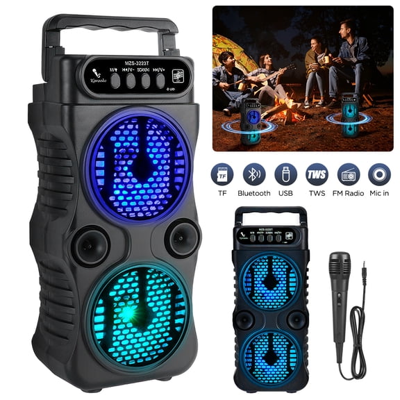 VTIN Dual 3 Inches Karaoke Bluetooth Speaker - 2x3W Bass, RGB Lights, TWS, Wired Mic Included, USB/TF/FM, Portable ABS, for Family Karaoke/Dancing Party