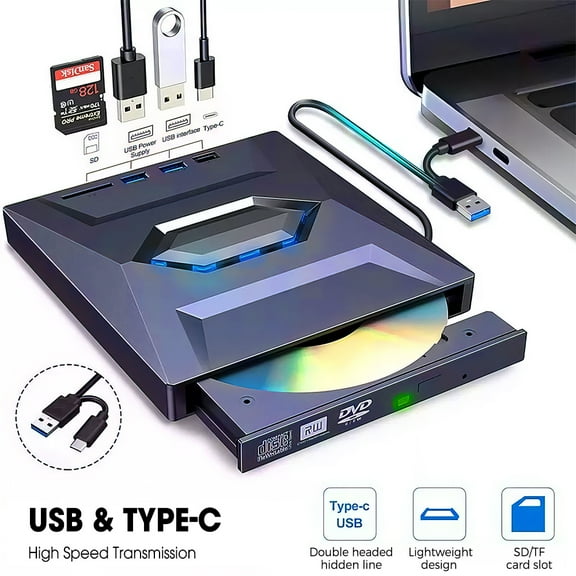 VTIN External CD DVD Drive USB C/3.0, Portable +/-RW Burner Player with USB Hub (2.0/3.0/Type C), SD Card Reader, 5Gbps High-Speed, Plug & Play for Laptop PC Windows Linux Mac