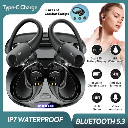 VTIN IPX7 Waterproof Wireless In-Ear Earbuds Bluetooth 5.3, 48H Playtime LED Digital Display, Deep Bass 13MM Speaker, Wireless/Type-C Charging, Comfort Silicone Earhooks for Sports Work (Black)