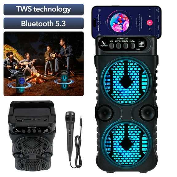 VTIN Outdoor Portable Bluetooth Speaker - Dual 3 Inches, 2x3W Clear Sound, RGB Music Sync Lights, TWS, Multi-Functional (USB/TF/FM/Mic in), for Dancing Party/Family Karaoke/Outdoor Use