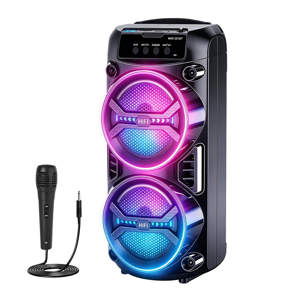 VTIN Portable Bluetooth Party Speaker, Dual 3" Woofers 2000W Peak Heavy Bass, RGB LED Lights, TWS Stereo, Wireless Mic Karaoke Machine, FM Radio AUX USB TF, for Indoor Outdoor BBQ Tailgate
