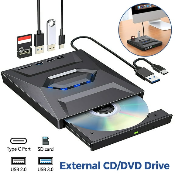 VTIN Portable External CD DVD +/-RW Drive, USB 3.0/Type C, USB Hub & SD Card Reader, 5Gbps Transfer, 8x DVD/24x CD Speed, Plug & Play for Laptop PC Windows Linux
