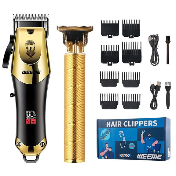 VTIN Rechargeable 2-Piece Hair Clipper Set - Cordless Men's Grooming Kit, LED Battery Display, 8 Guide Combs, Washable, 150/90min Use for Home/Professional Barber Styling