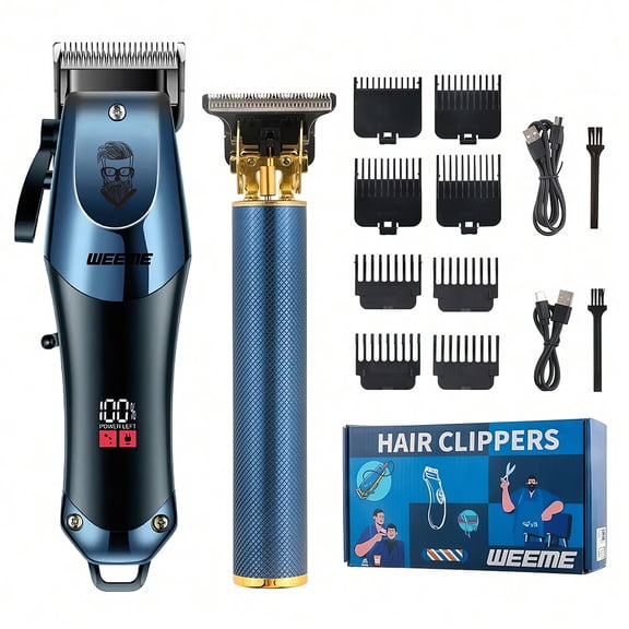 VTIN Rechargeable 2-Piece Hair Clipper Set - Cordless Men's Grooming Kit, LED Battery Display, 8 Guide Combs, Washable, 150/90min Use for Home/Professional Barber Styling