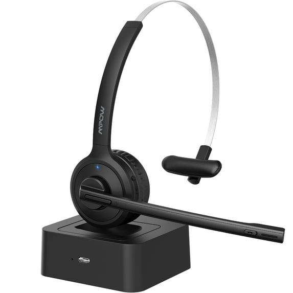 VTIN Trucker V5.0 Bluetooth Headset with 200H Charging Station, Over The Head Cell Phone Headset with Noise-Canceling Microphone, Comfort-fit Truck Driver Headset for Call Center, Office, Skype
