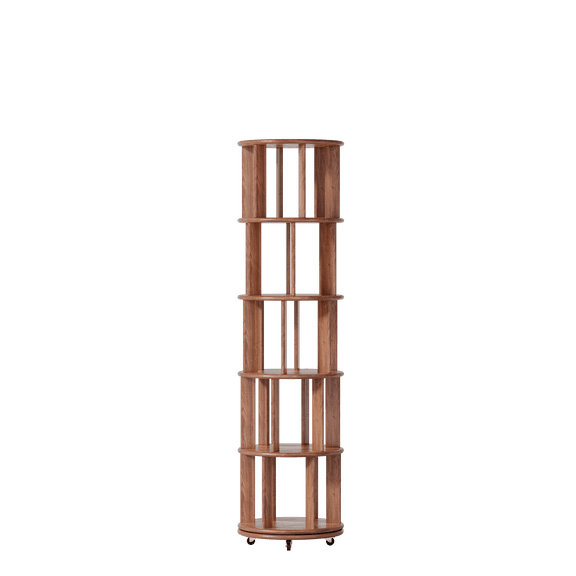 VTNG Solid Wood Rotating Bookshelf Tower 360 Spinning Bookcase with Wheels, Walnut